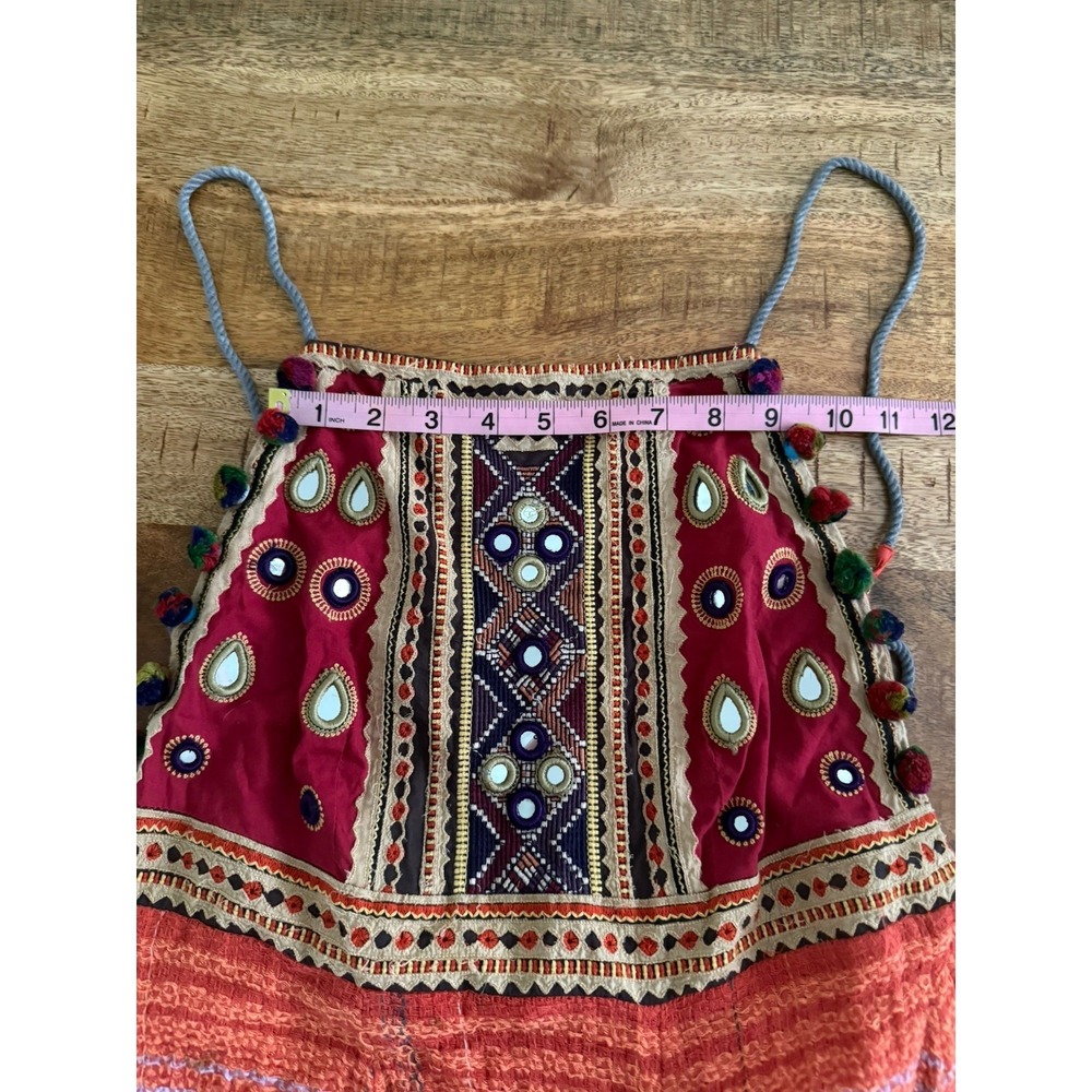 Free People Regina Midi Dress XS Boho Embroidered Mirror Pom Pom Open Back - Picture 7 of 9